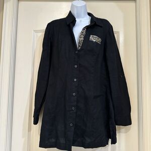 Style & Co Button Up Black 100% Linen Top Blouse Shirt Women Size 10 Lagenlook